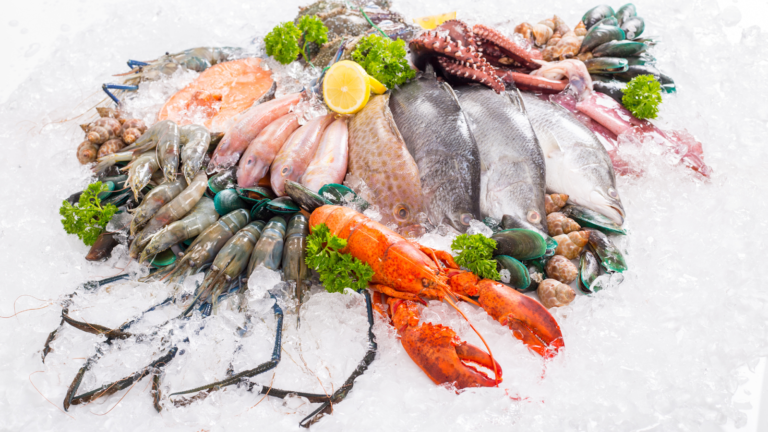 Assorted seafood displayed on ice