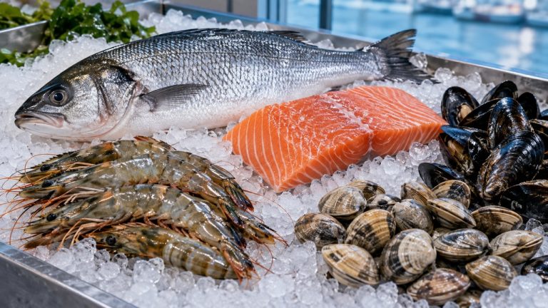 Fresh fish, salmon, prawns and shellfish displayed on ice