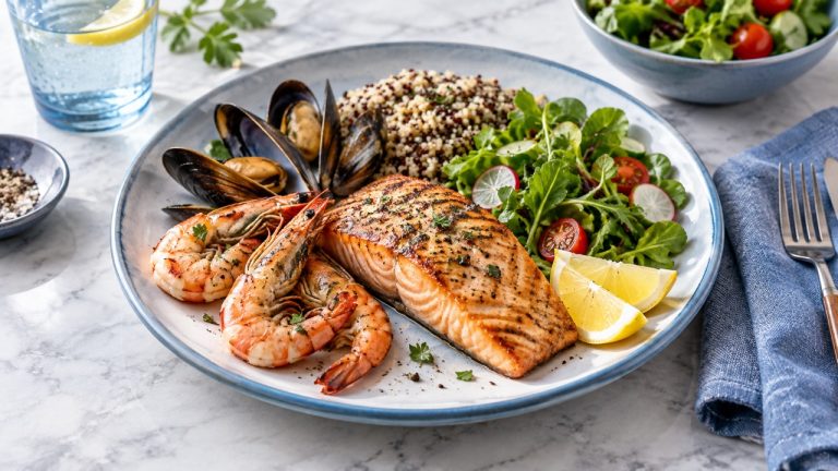 Balanced seafood meal with salmon, prawns, mussels, vegetables and whole grains