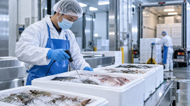 Food handling worker checking seafood temperature in a refrigerated facility