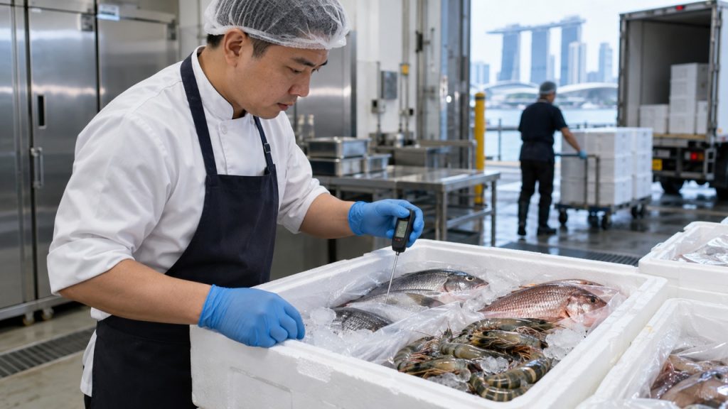 Food-service buyer checking the temperature of a chilled seafood delivery in Singapore