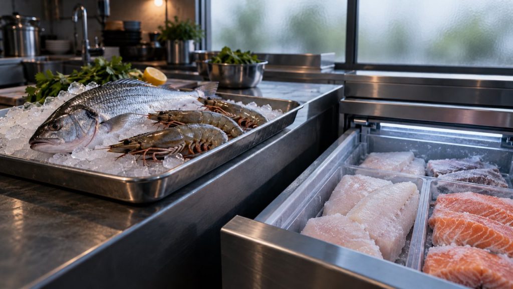 Fresh fish on ice beside frozen seafood portions in a professional kitchen