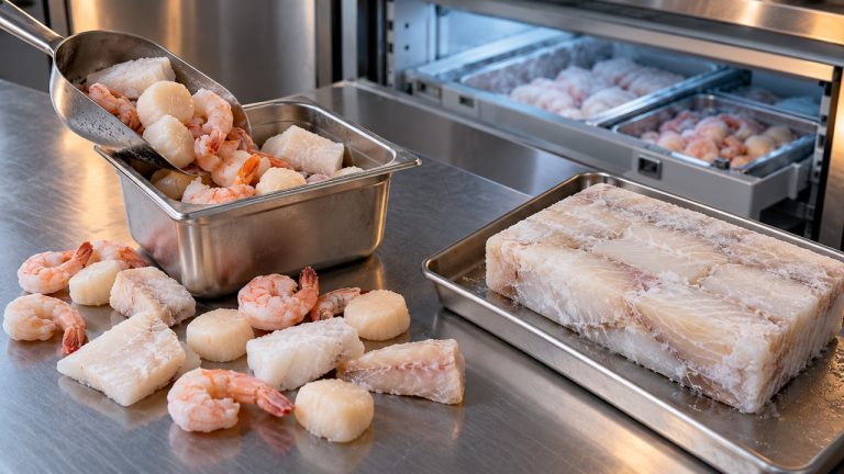Individually frozen seafood portions beside a compact block-frozen fish pack in a professional kitchen